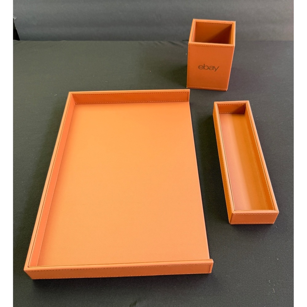 eBay Desk Organizer Set 3pc Faux Leather Tray Pencil Cup Office‎ Executive NEW